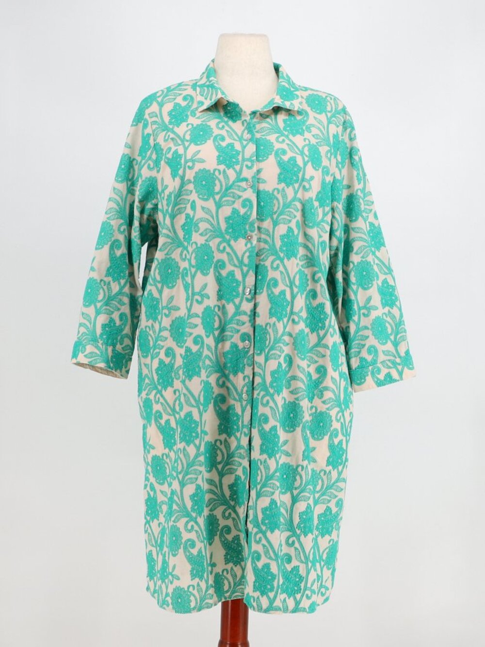 J.JILL Turquoise Floral Embroidered Cotton Shirt Dress Size L